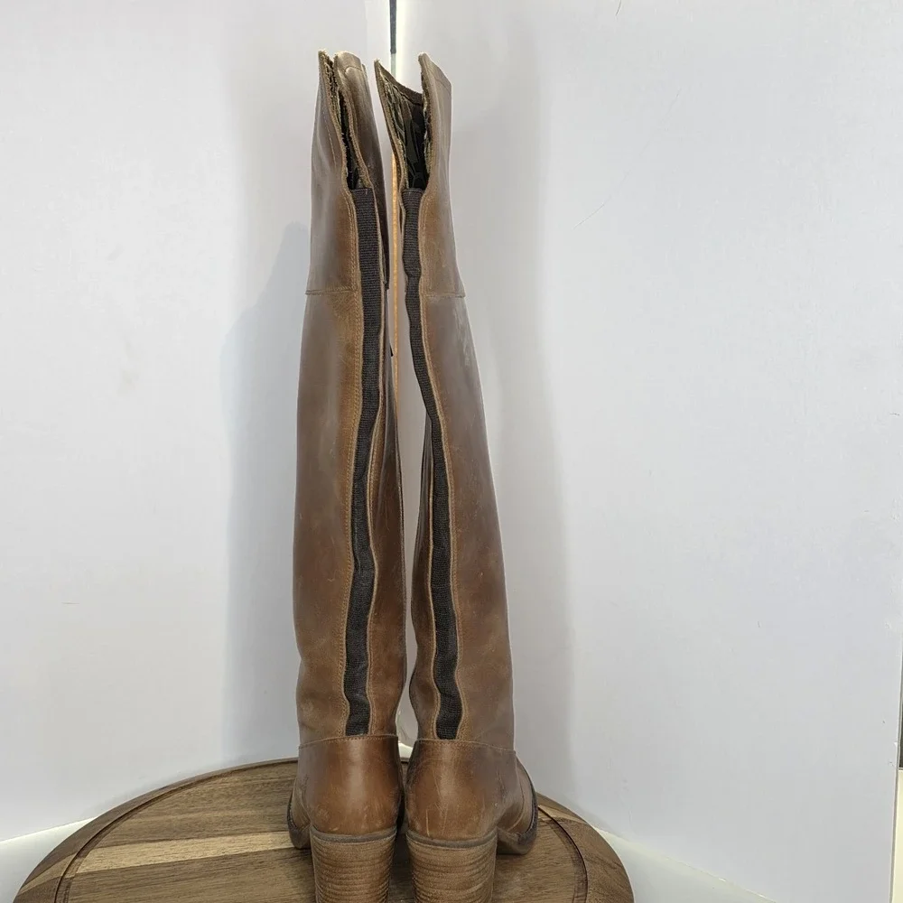 Fly London Over Knee-high Boots Sz 39 Us 8 Brown Leather Elastic Gusset Zipper